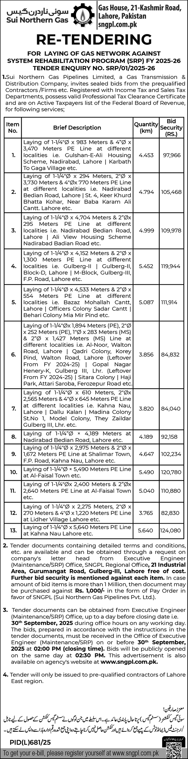 Sui Northern Gas Company Limited Lahore Tender Notice